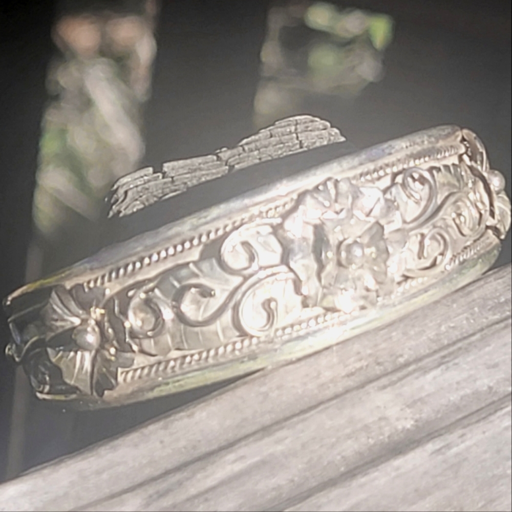 Sterling Silver Floral Cuff Bracelet 925 fits 6 5/8" Wrist